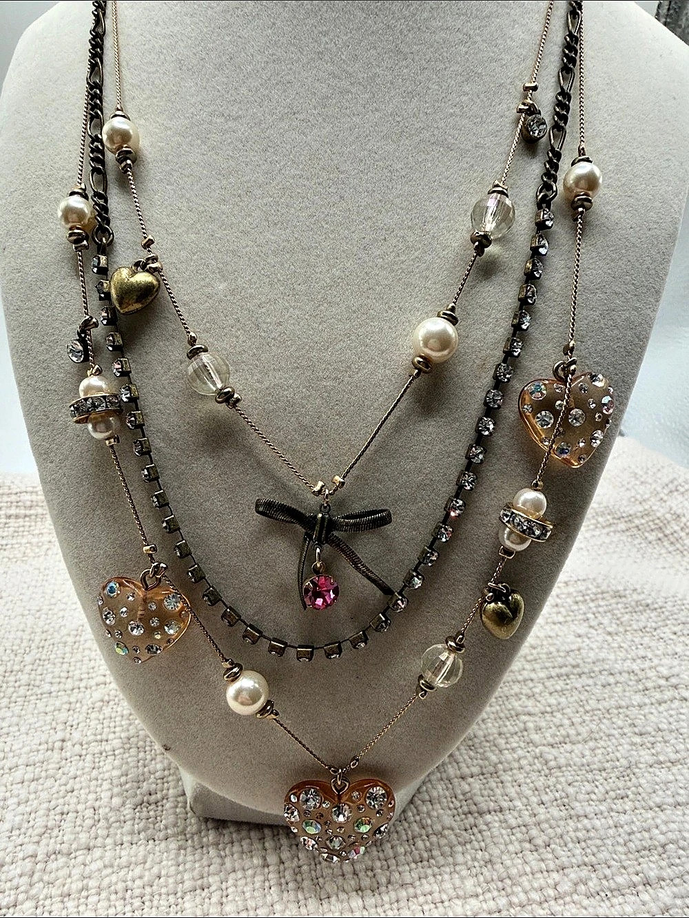 Betsey Johnson Layered Heart Charm Necklace in Gold & Black